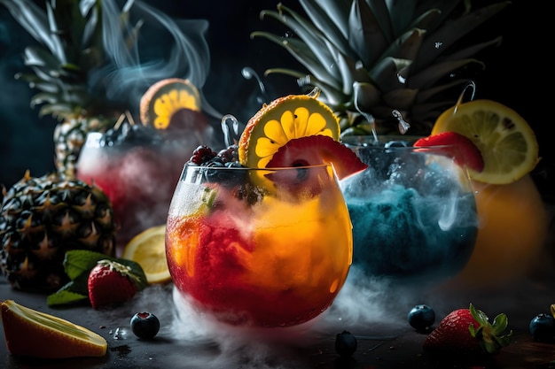 Misty Paradise Una vívida experiencia de bebidas tropicales con frutas y sombrillas