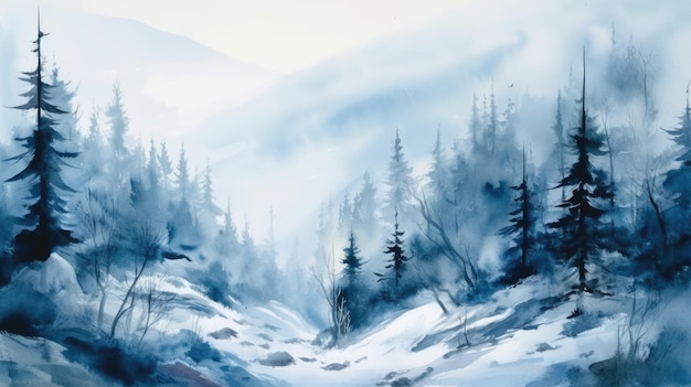 Misty Winter Wonderland Uma paisagem em aquarela de uma floresta congelada de Taiga