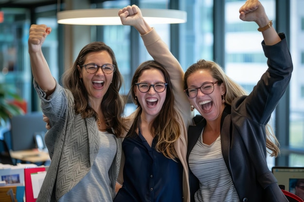 Foto mit aufrichtigen lächeln strahlt ein trio von geschäftsfrauen positivität und selbstvertrauen im büro aus und feiern gemeinsam ihre errungenschaften