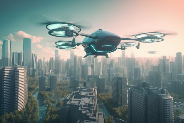 Mit autonomen Fahrzeugen und Drohnen, die über ein futuristisches Stadtbild fliegen, das mit generativer KI erstellt wurde