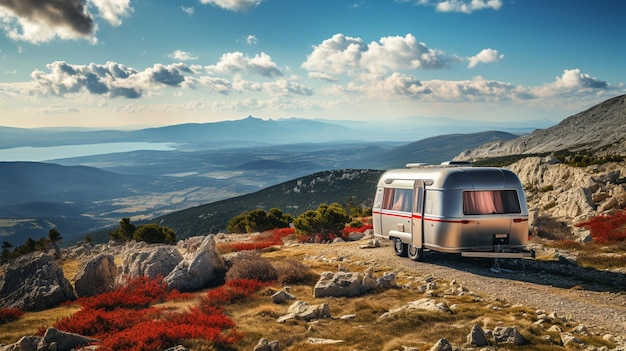 Mit Bändern geschmücktes Wohnmobil vor dem Hintergrund herbstlicher Berge in der Nähe des Dorfes Golotl