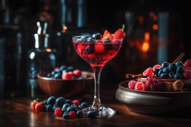 Mit Beeren angereicherter Cocktail in der von der KI generierten Bar