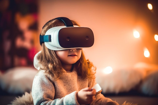 Mit Begeisterung präsentiert das Mädchen stolz ihre neue Virtual-Reality-Brille für die Schule AI Generated