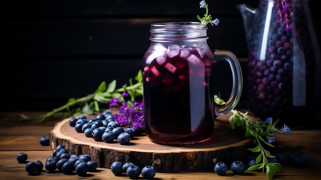 Mit Blaubeeren angereichertes kaltes Gebräu in einem von der Natur inspirierten Café, serviert auf einem Holztisch