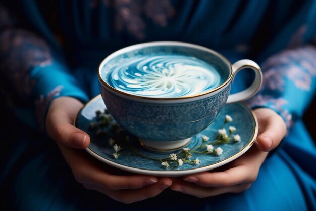Mit blauem Matcha-Tee-Latte im Café