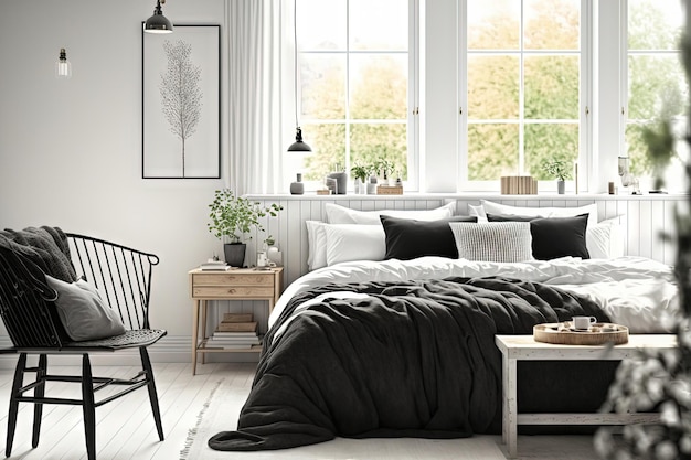 Mit Blick auf ein skandinavisches Schwarz-Weiß-Schlafzimmer mit einem Doppelbett, einem Sessel und einem Fenster befindet sich eine hölzerne alte Tischplatte oder ein Regal in einer Zen-ähnlichen Umgebung