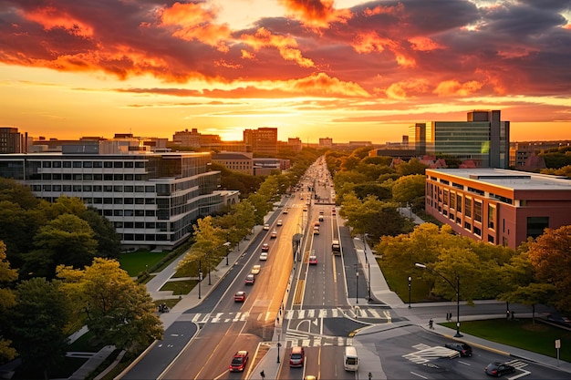 MIT Campus Aerial Sunset View von Mem Drive und Main St Cambridge MA mit dramatischen Wolken