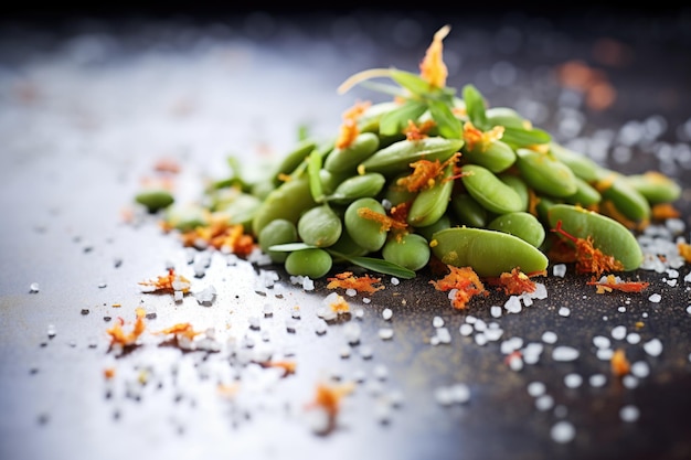 Foto mit chiliflocken bestreutes edamame legt besonderen wert auf die textur