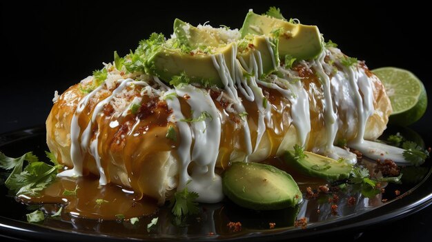 Foto mit chimichanga gefülltes gemüse und fleisch mit gehacktem gemüse auf einem holztisch