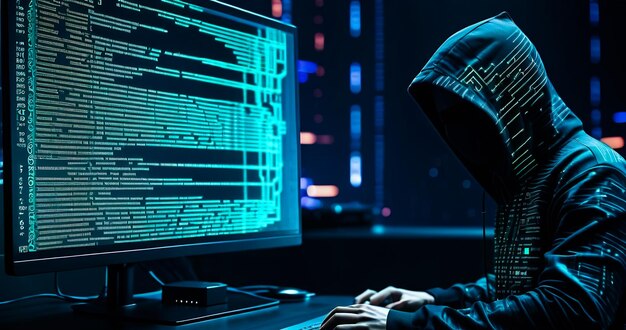 Foto mit computer-cyberkriminalität hacker cyberangriff hacker sitzt in einem dunklen raum