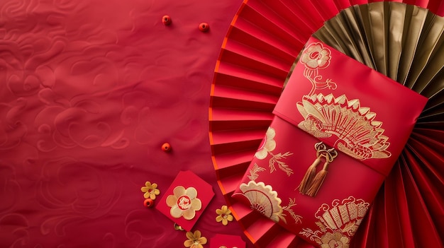 Mit Copyspace rotem Umschlag und Scroll auf Fanmuster Hintergrund für Website Hintergrund Verwendung Übersetzung Glückliches chinesisches Neujahr mögen Sie Wohlstand und Reichtum im kommenden Jahr genießen