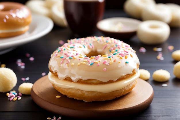 Mit Creme gefüllter Donut auf dem Holzschreibtisch