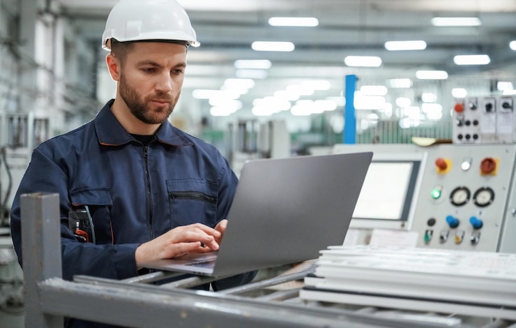 Foto mit dem laptop fabrikarbeiter ist im innenraum mit hut