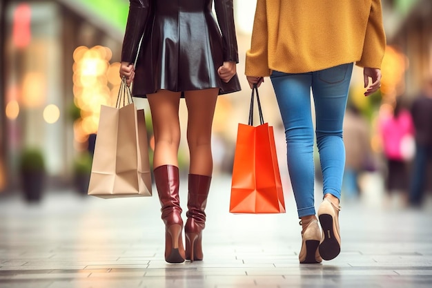 Mit dem Rücken laufen zwei Freundinnen mit modischen, von der KI generierten Einkaufstaschen eine Einkaufsstraße entlang