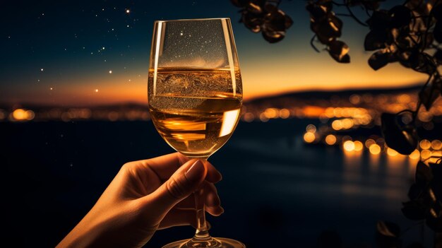 Mit der Hand ein Glas Sekt in der Schönheit des Abends ein Glas Wein genießen