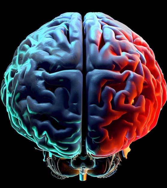 Mit der oberen linken Gehirnhälfte ist ein rot-blaues Gehirn dargestellt.
