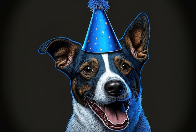 Mit einem blauen Geburtstagshut haben Sie eine glückliche Hundeparty isoliert