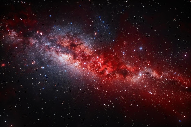 Mit einem dunklen Weltraum-Hintergrund mit einem roten Nebel in der Mitte, Sternen und Galaxien in der Nacht