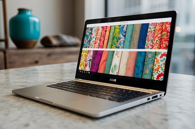 Mit einem Knopf auf einen Knopf erwacht der silberne Laptop zum Leben und enthüllt einen digitalen Marktplatz voller endloser Optionen für Ihre Online-Shopping-Bedürfnisse