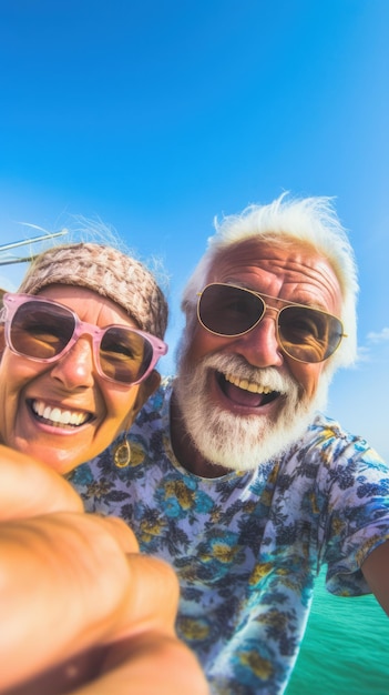 Mit einem Lächeln im Gesicht macht ein älteres Paar Selfies im türkisfarbenen Meer und genießt den Sommerausflug