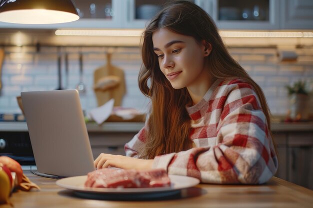 Mit einem selbstbewussten Blick konzentriert sich eine junge Frau auf ihre Laptop-Aufgaben inmitten der Präsenz