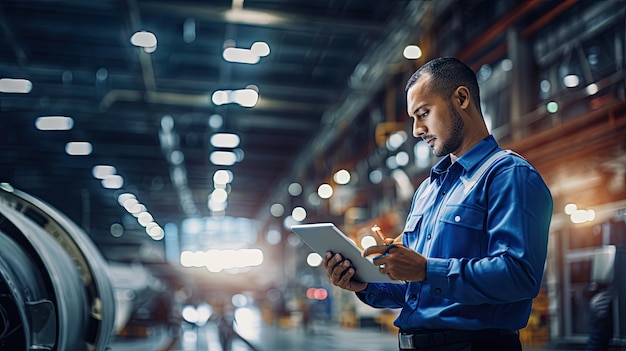 Mit einem Tablet in der Hand inspiziert ein Ingenieur mit Schutzhelm und Weste das Flugzeug sorgfältig