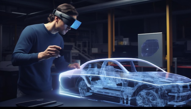 Mit einem VR-Headset arbeitet ein Automobilingenieur mit Gesten am Prototyp eines Elektroautos