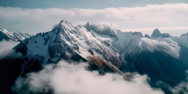 Mit einer Drohne aufgenommene Luftaufnahme einer majestätischen schneebedeckten Bergkette, die in Wolken und Nebel gehüllt ist. Generative KI