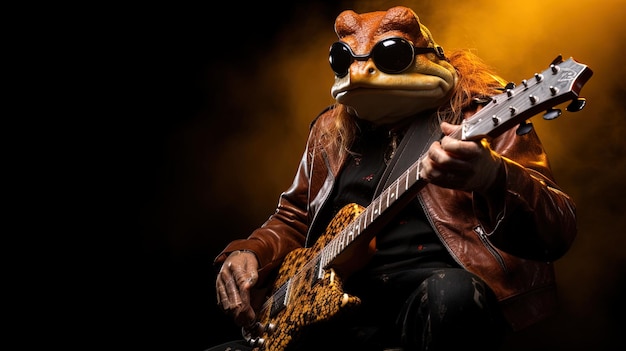 Mit einer E-Gitarre in der Hand wird eine Kröte zu einer Rock-Sensation auf der Bühne