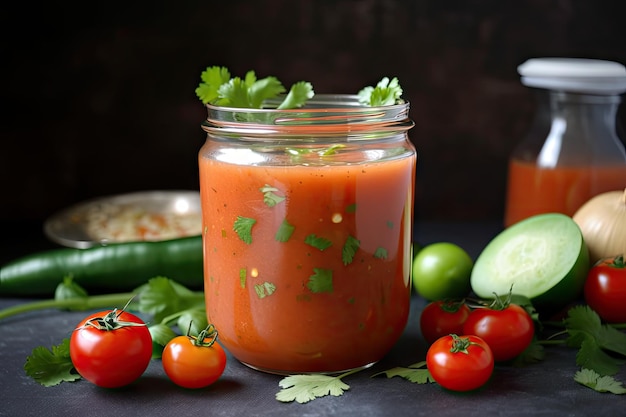 Mit Gazpacho gefülltes Glas, servierfertig