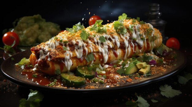 Mit Gemüse und Fleisch gefüllte Enchiladas mit geschmolzener Mayonnaise und würziger Sauce auf einem Holzteller