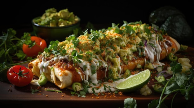 Mit Gemüse und Fleisch gefüllte Enchiladas mit geschmolzener Mayonnaise und würziger Sauce auf einem Holzteller