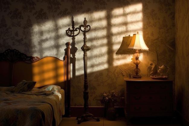 Mit generativer AI erstellte Schlafzimmerlampe, die Schatten auf die Schlafzimmerwand wirft