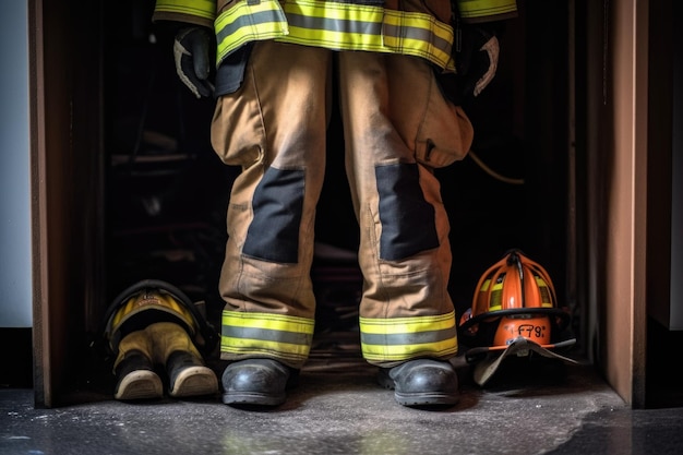 Mit generativer KI erstellte Aufnahme eines Feuerwehrmanns, der mit Stiefeln und Helm auf der Innenseite steht