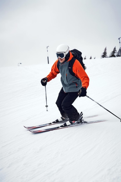 Mit generativer KI erstellte Aufnahme eines jungen männlichen Skifahrers, der die Piste hinunterfährt