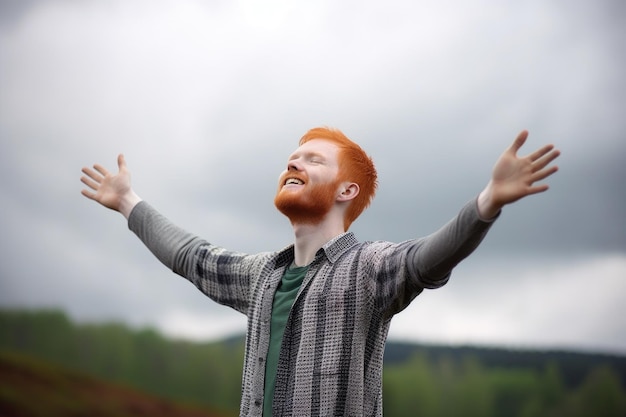 Foto mit generativer ki erstellte aufnahme eines jungen mannes, der mit erhobenen armen im freien steht