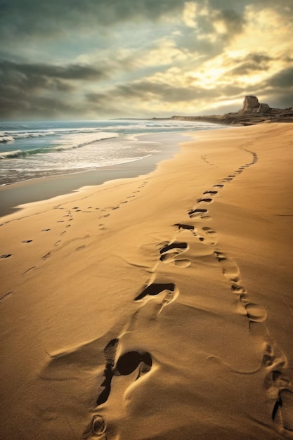 Mit generativer KI erstellte Fußspuren verschwinden in der Ferne an einem Sandstrand