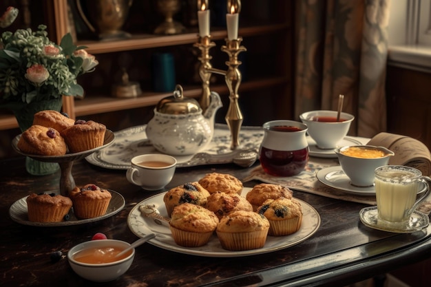 Mit generativer KI erstellter Frühstückstisch mit Muffins und Scones sowie einer Teetasse