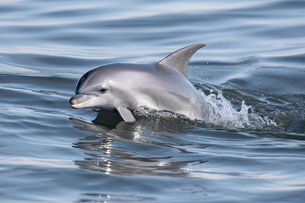 Mit generativer KI erstelltes Delfinbaby, das mit sichtbarer Rückenflosse aus dem Wasser springt