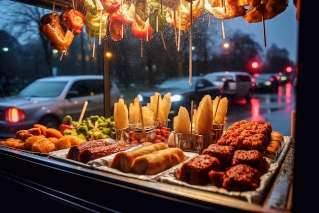 Mit generativer KI erstelltes köstliches Straßenessen im Fenster eines Food-Trucks