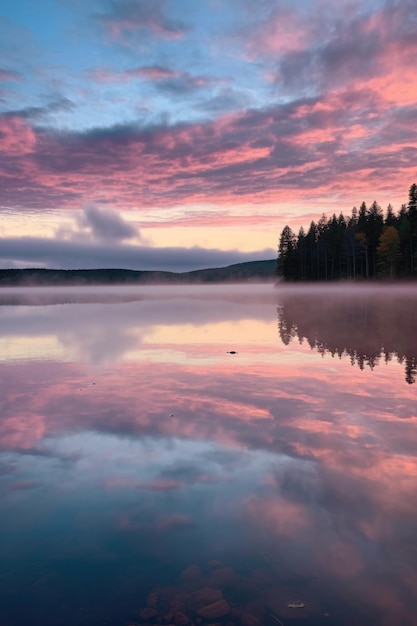 Mit generativer KI erzeugte Wolken, die sich im Morgengrauen auf einer ruhigen Seeoberfläche spiegeln