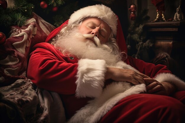 Mit geschlossenen Augen ruht der Weihnachtsmann in seinen Träumen, gefüllt mit Visionen von Kindern, Lachen und Freude.