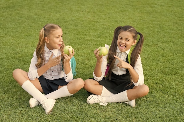 Mit Geschmack von Zitrone Kleines Mädchen zeigen auf saure Apfelfrucht Fruchtsäure Kleine Kinder essen Obst auf grünem Gras Schule-Snack Bio-Vitamin-Obst Gesunde Ernährung Gesundheit und Ernährung in der Schule