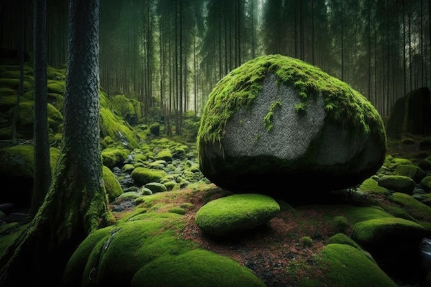 Mit grünem Moos bedeckte Bäume und der Wald hatte viele Felsen