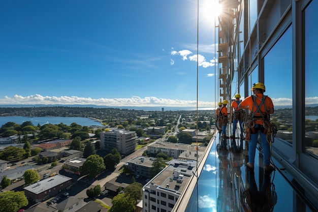 Mit Gurten und Schutzhelmen ausgestattete Arbeiter, die Hochhausfenster reinigen, werden sorgfältig an Seilen aufgehängt und arbeiten in der Höhe. Generiert mit KI