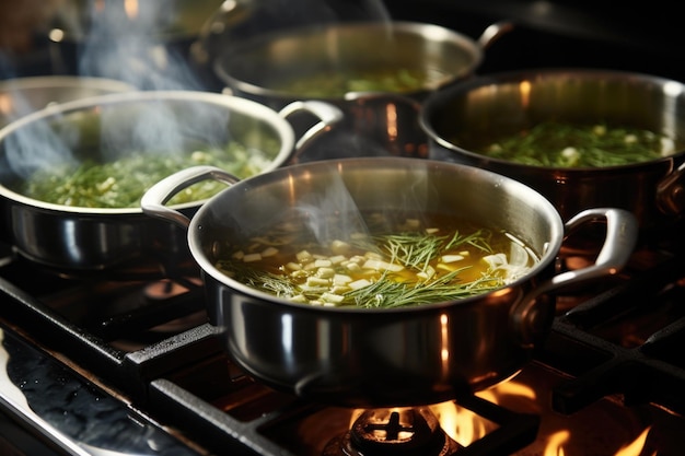 Foto mit heißer suppe gefüllte kochtöpfe, die auf dem herd abkühlen