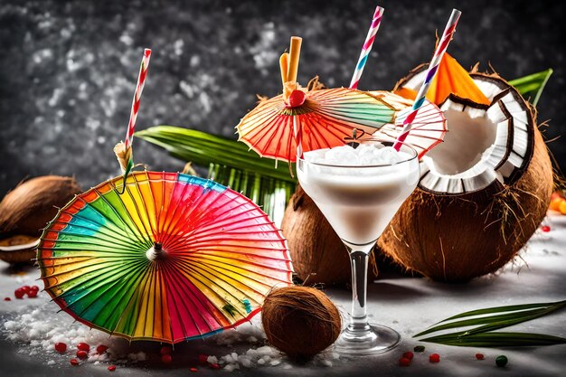 Mit hellen Regenschirmen geschmückter Cocktail und Kokosmilch mit Stroh