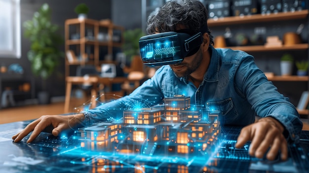 Mit Hilfe der virtuellen Realität entwickelt ein Mann ein architektonisches Design für den Bau eines Hologramms im Metaverse VR