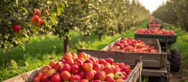 Foto mit hilfe eines traktors werden behälter voller äpfel von grünen apfelbäumen in einem grünen obstgarten gezogen