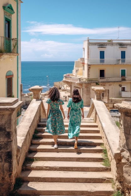 Mit KI erstellte Fotografie Bild eines Mädchens in einem Kleid, das eine Treppe mit atemberaubender Aussicht auf das Mittelmeer hinunterläuft Konzept des Sommerurlaubs